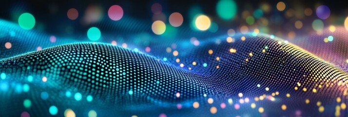 Abstract Technology Background, Big Data Visualization, 3D Wavy Surface with Motion and Particles.