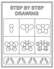 Cute butterfly. Book page, drawing step by step. Black and white vector coloring page.