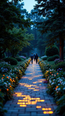 Obraz premium A serene nighttime scene with a pathway illuminated by solar-powered LED lights, showcasing sustainable green energy.