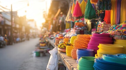 Naklejka premium Vibrant Market Street with Colorful Threads and Decorative Items at Sunset, Showcasing the Essence of Local Crafts and Artistry in a Lively Atmosphere