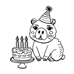 Hand drawn cute capybara with cake. Hapy birthday doodle vector illustration