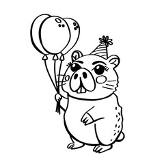 A cute doodle capybara in a hat with a birthday gift. Happy Birthday hand drawn vector illustration