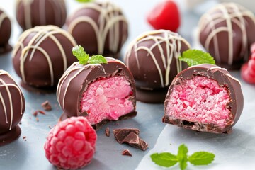Chocolate Raspberry Truffles with Pink Filling and Fresh Mint
