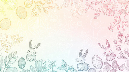 Naklejka premium A sweet, hand-illustrated Easter card with a soft pastel rainbow gradient background, featuring small bunnies, eggs, and flowers, leaving space for personalized Easter wishes. 