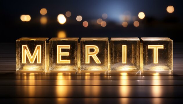 英単語のMERITが書かれたキューブブロック。aiで生成