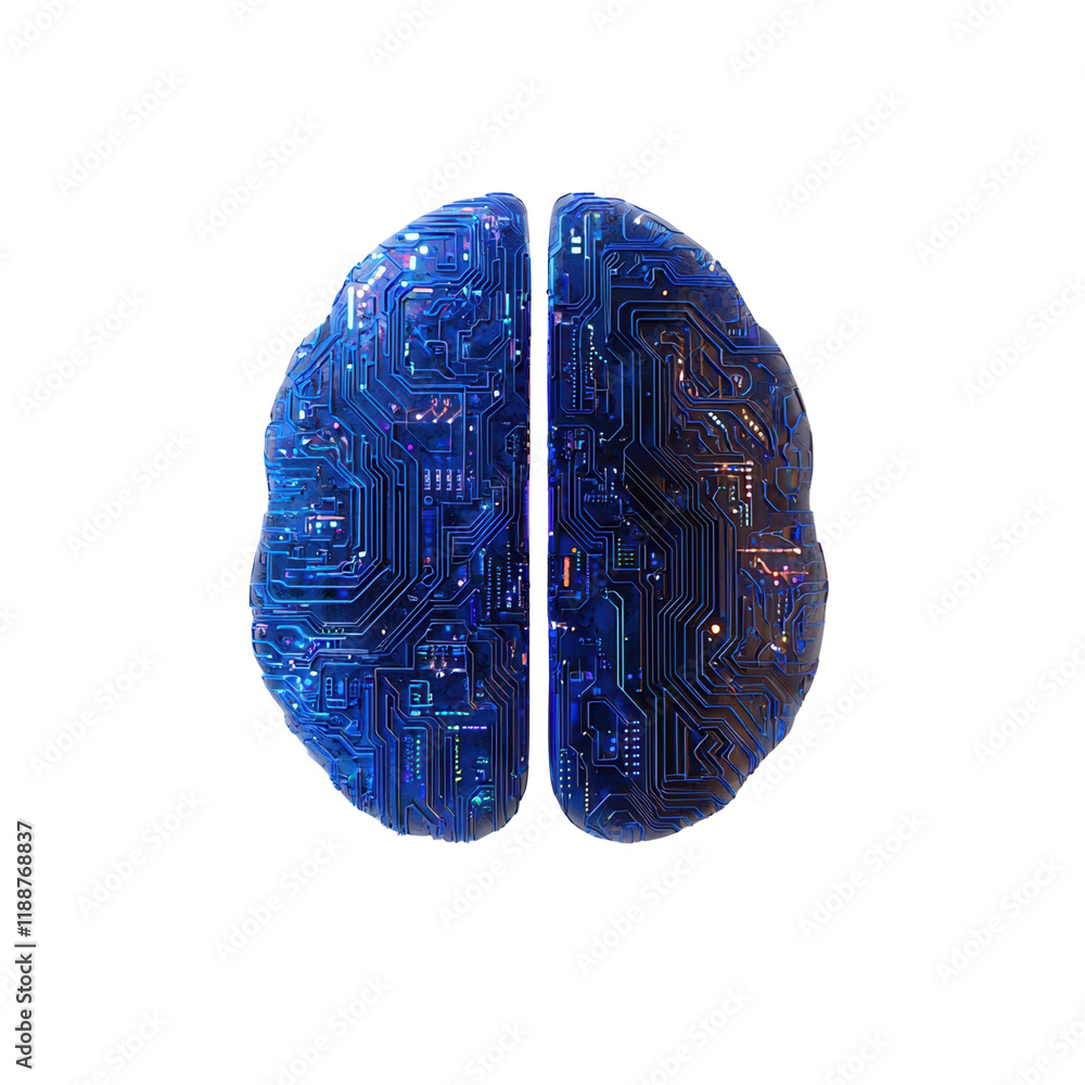 Poster a digital representation of a brain, featuring intricate circuitry patterns and a vibrant blue hue.