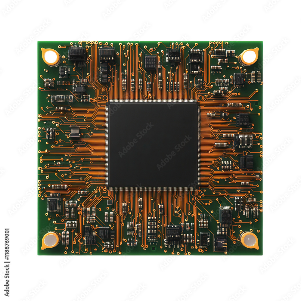 Poster a detailed microchip with intricate circuits and connections, showcasing electronic components on a 