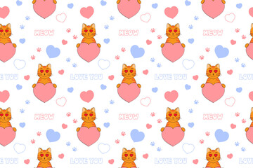 Cute Valentine's Day seamless pattern with cat, heart, paw prints and lettering. Festive design for wrapping paper, fabric, wallpaper, cards. Vector illustration2