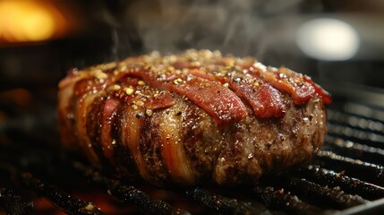 Bacon-wrapped steak grilling, smoky kitchen