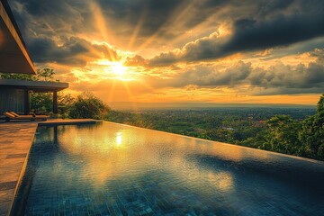 Sunset's Golden Rays Illuminate Infinity Pool and Scenic Vista, Creating Tranquil Atmosphere Above Lush Greenery