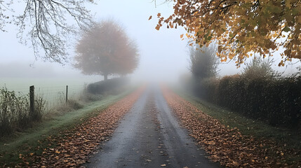 road disappearing into thick fog, surrounded by autumn leaves on the ground 