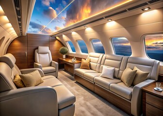 Luxurious Private Jet Interior: Opulent Design,  Stunning Cabin,  Private Aircraft