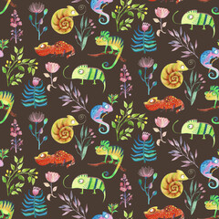 A seamless pattern with tropical plants, a fire salamander and a chameleon. Watercolor illustration with wild nature. Seamless pattern for textiles, paper, wallpapers, cards, invitations and more.