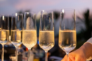 Glasses of Prosecco or sparkling wine on the bar