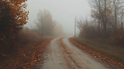 Obraz premium road disappearing into thick fog, surrounded by autumn leaves on the ground 