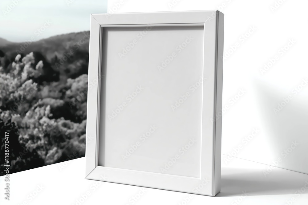 Aufkleber empty white instant photo frame stands upright on white surface. subtle shadow highlights frame. ver