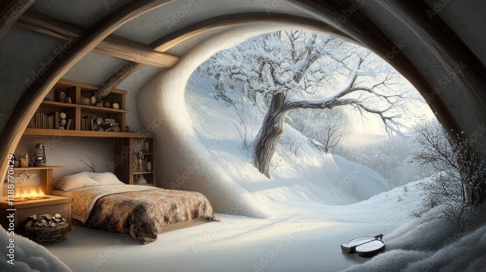 Poster cozy winter retreat with snowy landscape view from unique round window, featuring warmth of rustic b