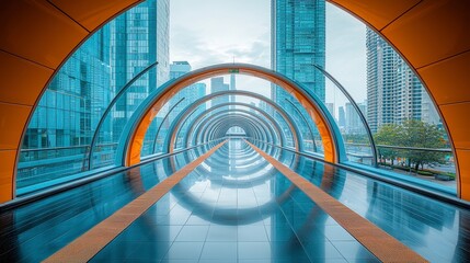 Obraz premium Modern glass and steel pedestrian walkway tunnel with city view.