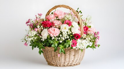 92. Elegant flower basket placed on a white background, filled with mixed blossoms for festive gifting