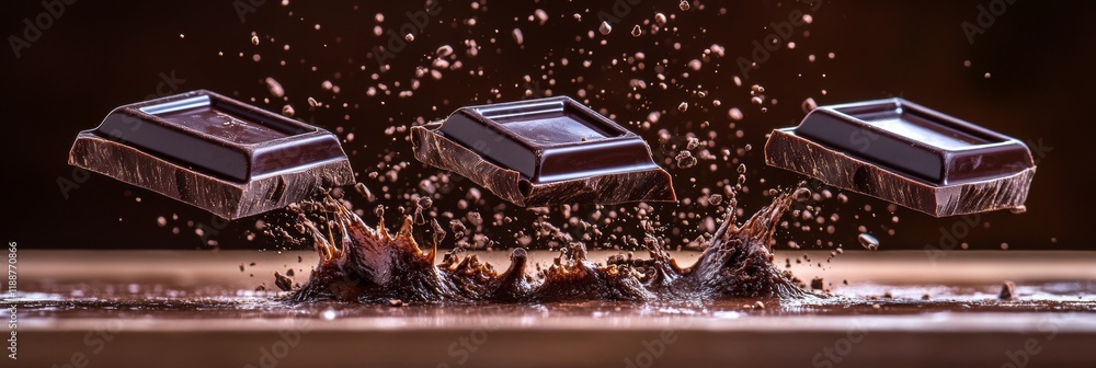 Poster three dark chocolate bars exploding in mid-air with a dramatic splash on a dark background