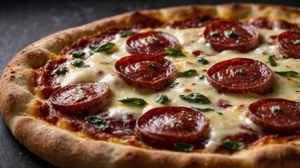 Close-Up of Delicious Salami Pizza with Melted Cheese – Perfect for Food Lovers