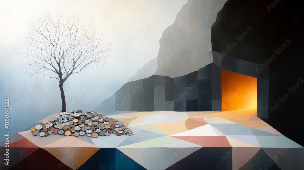Poster surreal landscape featuring pile of coins, leafless tree, and mysterious cave entrance in an etherea