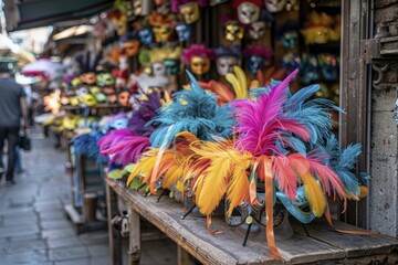 Fototapeta premium Colorful masks with vibrant feathers and ribbons displayed on stand for festive celebration