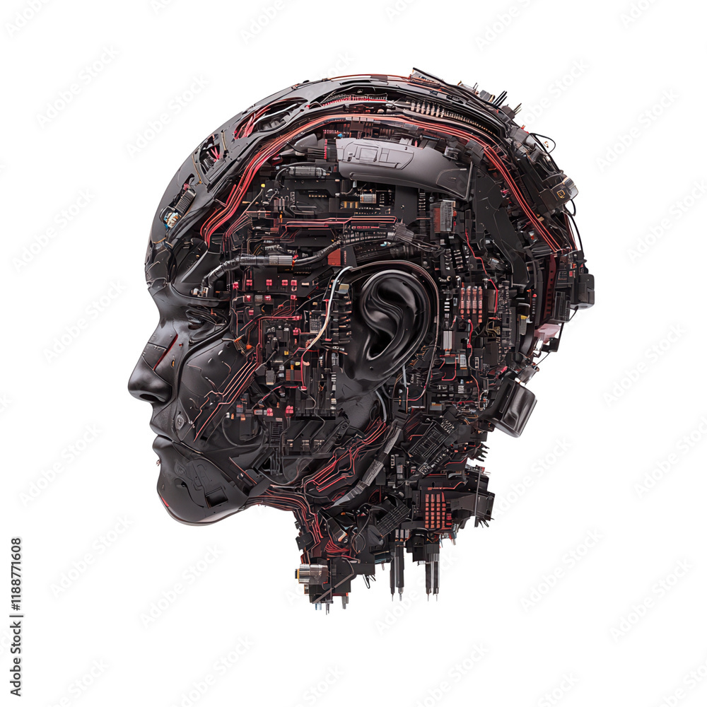 Poster a detailed robotic head composed of intricate circuits and wires, showcasing a fusion of technology 