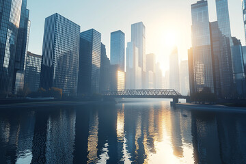 Obraz premium Sunny city skyskrapers' reflection, a futuristic architectural