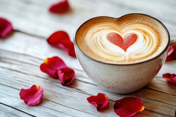 Heart shaped latte art in a cup with rose petals on a wooden table - cozy coffee moment