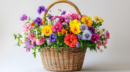 98. White backdrop featuring a luxurious basket filled with colorful flowers for gifting on festive occasions