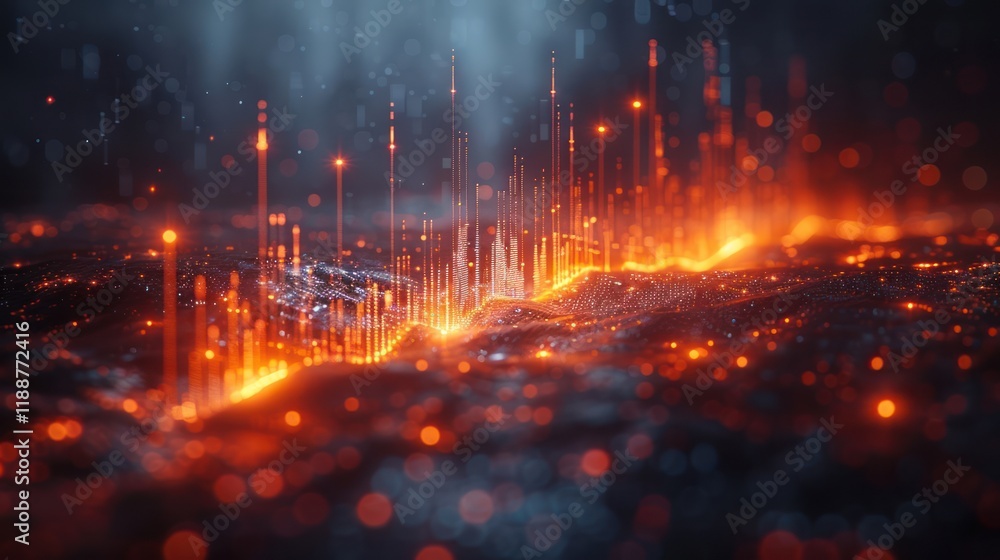 Poster abstract fiery digital landscape with glowing lines and particles.