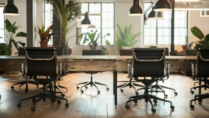 Obraz premium modern office interior, open plan workspace, natural light, large windows, hardwood floors, potted plants, ergonomic office chairs, minimalist desks, industrial pendant lights, spacious layout, green 