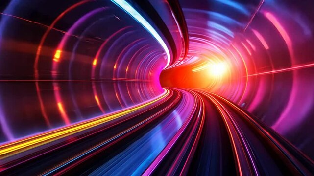 A dynamic retro-futuristic warp space scene featuring glowing neon lines in a hyper-speed tunnel effect, with vivid gradients and a sci-fi aesthetic.
