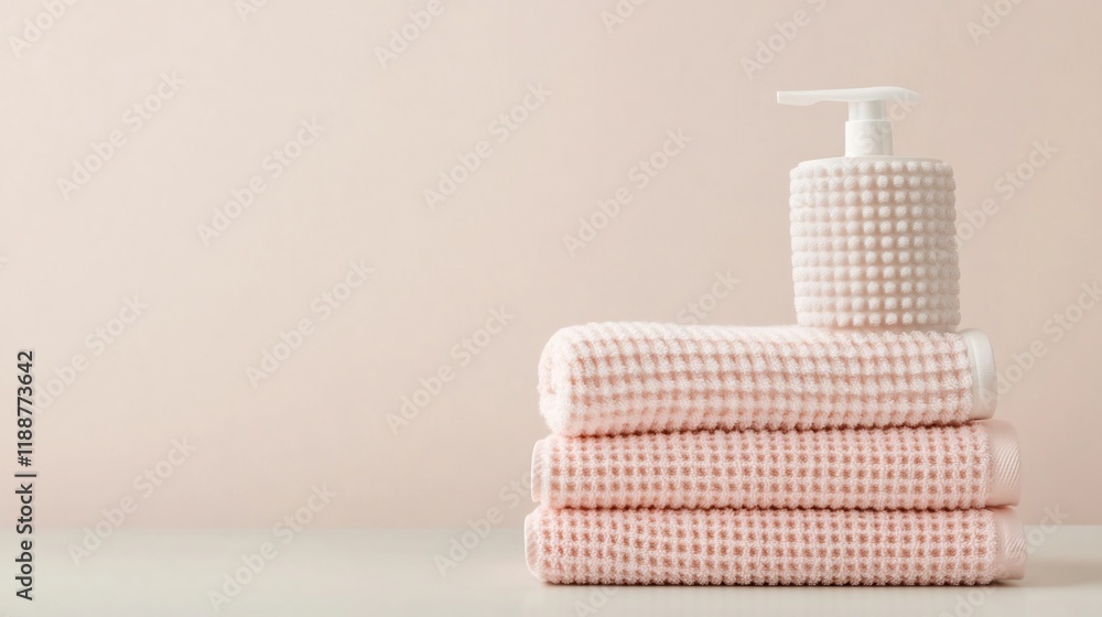 Poster stacked reusable eco-friendly cleaning towels and soaps in minimalist setting