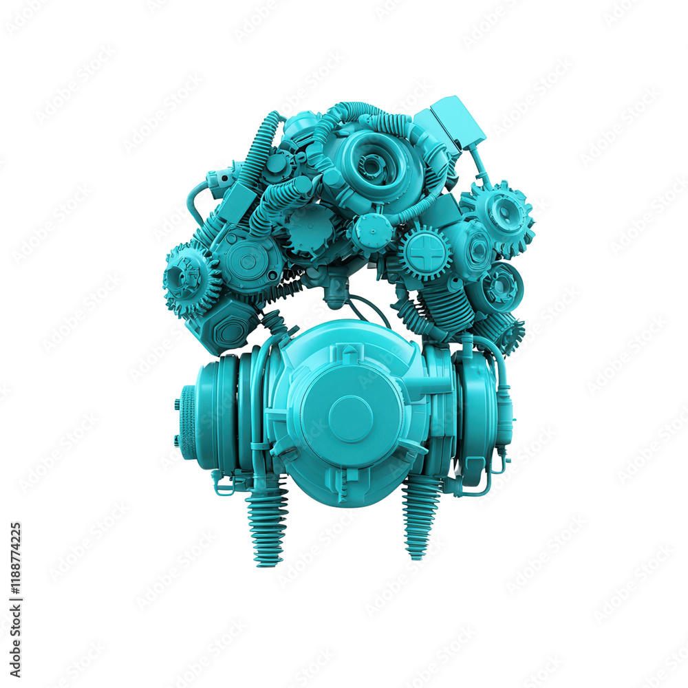 Poster a complex assembly of mechanical gears and components arranged in a striking turquoise color.