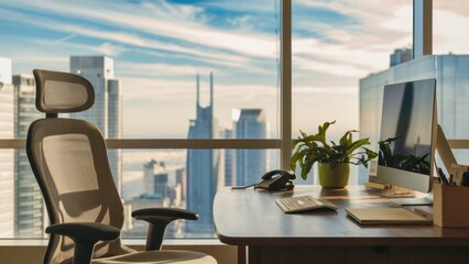 modern office interior, executive desk, ergonomic chair, computer monitor, city skyline view, floor-to-ceiling windows, potted plant, sleek design, natural light, corporate workspace, high-rise buildi