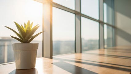Sunlit interior, wooden table, potted plant, large window, blurred cityscape, warm sunlight, soft focus, cozy atmosphere, minimalist design, tranquil morning scene, indoor greenery, urban view, natura