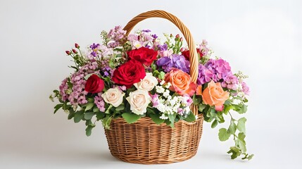 10. A gorgeous basket of mixed flowers in a white background setting, perfect for special occasions