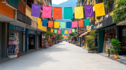 Naklejka premium Vibrant Street with Colorful Banners in a Scenic Mountain Town, Showcasing Local Shops and a Lively Atmosphere for Tourists and Visitors