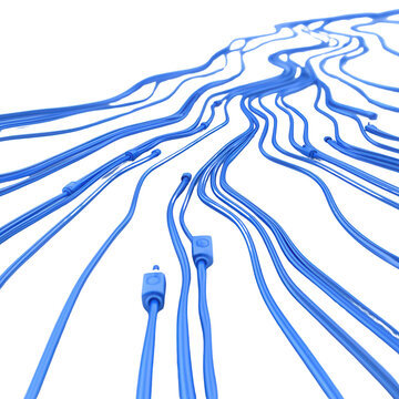 A vibrant arrangement of blue cables flowing in a dynamic, wavy pattern, showcasing their intricate design and connectivity.