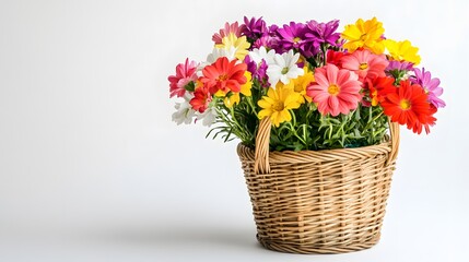 14. White background featuring a basket with vibrant blossoms, ideal for gifting on a festive event
