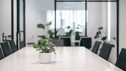modern office interior, minimalist conference room, white marble table, black leather chairs, potted plant centerpiece, glass partition walls, natural light, sleek design, corporate workspace, profess