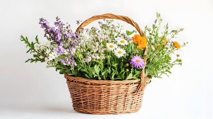 17. White background with a rustic basket filled with natural flowers, ideal for an auspicious gift