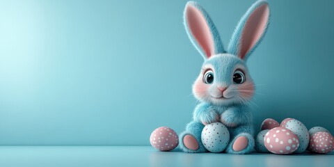 3D Easter bunny character sitting on the floor with colorful eggs, copy space concept, cartoon style, 2/5 space for text, blue background, high resolution, happy mood, detailed 