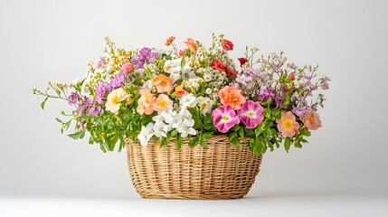 18. A beautiful basket of mixed blossoms against a white background, perfect for a lucky occasion gift