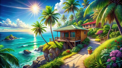 Fototapeta premium Seaside Bungalow Dream: Coastal Cottage, Oceanfront Home, Summer Vacation Paradise
