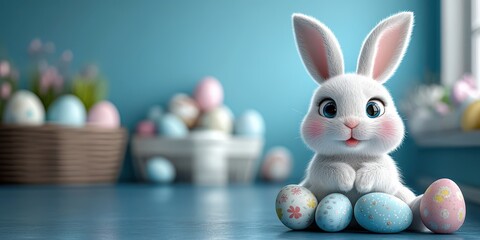 3D Easter bunny character sitting on the floor with colorful eggs, copy space concept, cartoon style, 2/5 space for text, blue background, high resolution, happy mood, detailed 