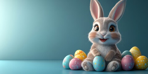 3D Easter bunny character sitting on the floor with colorful eggs, copy space concept, cartoon style, 2/5 space for text, blue background, high resolution, happy mood, detailed 