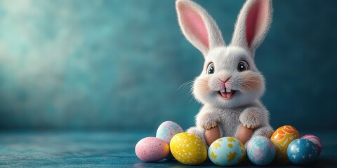 3D Easter bunny character sitting on the floor with colorful eggs, copy space concept, cartoon style, 2/5 space for text, blue background, high resolution, happy mood, detailed 